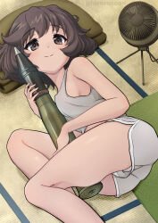 1girl akiyama_yukari artist_name breasts brown_eyes brown_hair commentary_request covered_erect_nipples dolphin_shorts ehirorotoon girls_und_panzer grey_shorts grey_tank_top highres holding_tank_shell indoors looking_at_viewer lying medium_breasts messy_hair on_side perky_breasts short_hair shorts smile solo tank_shell tank_top tatami thighs twitter_username wavy_hair