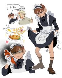 Rule 34 | 2boys, alternate costume, apron, arrow (symbol), back bow, black dress, black eyes, black hairband, black ribbon, black socks, blonde hair, bottle, bow, brown hair, brown shoes, buttons, chilchuck tims, closed eyes, closed mouth, crossdressing, dress, dungeon meshi, enmaided, flower, food, frills, full body, gloves, grey sweater, hair between eyes, hairband, hand up, highres, hitting, holding, holding bottle, index finger raised, juliet sleeves, ketchup, ketchup bottle, kugai697139, laios touden, long sleeves, looking at another, looking at viewer, maid, maid headdress, male focus, multiple boys, multiple views, neck ribbon, omelet, omurice, open mouth, pink flower, plate, puffy sleeves, ribbon, shaded face, shoes, short hair, simple background, smile, socks, sparkle, standing, sweatdrop, sweater, teeth, throwing, throwing food, turtleneck, turtleneck dress, turtleneck sweater, upper body, v-shaped eyebrows, white apron, white background, white bow, white gloves