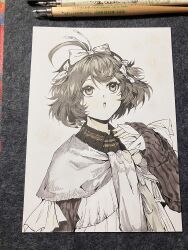 :o absurdres ahoge art_tools_in_frame bai_wuya_bu_he_naicha_yo bow brown_dress brown_eyes collared_dress dress flutterpage grey_hair hair_bow hand_up highres limited_palette long_sleeves looking_up marker_(medium) multiple_hair_bows nib_pen_(medium) nib_pen_(object) pen pen_(medium) photoshop_(medium) reverse:1999 scarf short_hair traditional_media white_scarf