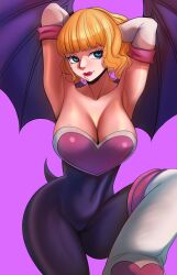 1girl absurdres armpits arms_up bat_wings blonde_hair blood blue_eyes breasts cleavage collarbone coolb_art cosplay fangs highres large_breasts lipstick looking_at_viewer makeup one_piece rouge_the_bat rouge_the_bat_(cosplay) short_hair smile sonic_(series) stussy_(one_piece) tight_clothes vampire wings