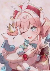 1girl animal animal_hug aqua_eyes aqua_hair commentary_request dress drill_hair gradient_hair hair_intakes hat highres holding holding_animal honkai:_star_rail honkai_(series) hyacine_(honkai:_star_rail) little_ica_(honkai:_star_rail) long_hair looking_at_viewer mashiro_(user_65392488) multicolored_hair one_eye_closed open_mouth pink_hair red_dress red_hat smile solo sparkling_eyes twin_drills twitter_username