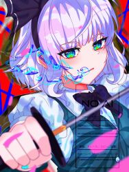Rule 34 | absurdres, black bow, black bowtie, black hairband, bow, bowtie, ghost, green vest, grey hair, hairband, highres, hirwannew, hitodama, hitodama print, katana, konpaku youmu, scabbard, sheath, short hair, skirt, skirt set, sword, touhou, triangular headpiece, vest, wakizashi, weapon