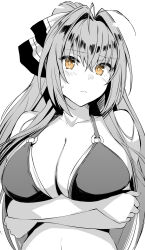 Rule 34 | 1girl, amagi brilliant park, antenna hair, arms under breasts, belko, bikini, blush, breasts, brown eyes, cleavage, collarbone, hair ribbon, highres, large breasts, long hair, looking at viewer, o-ring, o-ring bikini, o-ring top, ribbon, sento isuzu, simple background, spot color, swimsuit, upper body, white background
