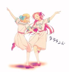 2girls asymmetrical_bangs bad_id bad_twitter_id belt black_belt blonde_hair bow braid brown_footwear brown_hair commentary dancing dress facing_another female_focus full_body green_bow green_neckwear hair_bow highres hluoa katarina_claes kneehighs la_la_land leg_up long_hair maria_campbell medium_dress medium_hair multiple_girls necktie open_mouth otome_game_no_hametsu_flag_shika_nai_akuyaku_reijou_ni_tensei_shite_shimatta red_bow sailor_dress shoes short_sleeves simple_background smile socks standing standing_on_one_leg white_background white_dress white_legwear
