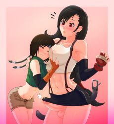 Rule 34 | 1futa, 1girl, abs, absurdres, black hair, black skirt, blush, border, brown hair, covered erect nipples, cowboy shot, cropped sweater, earrings, erection, female pubic hair, final fantasy, final fantasy vii, fingerless gloves, futa with female, futanari, gloves, grabbing another&#039;s breast, gradient background, green sweater, groping, height difference, highres, jewelry, leaning forward, long hair, midriff, miniskirt, narrow waist, navel, ninja, no panties, older female and younger female, penis, petite, pubic hair, pubic hair peek, red eyes, short hair, short shorts, shorts, simple background, skirt, square enix, standing, stradivarius, suspenders, sweater, testicles, tifa lockhart, toned, toned female, unbuttoned, uncensored, very long hair, yuffie kisaragi