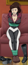 1girl absurdres arms_behind_back bdsm bondage bound bound_ankles breasts brown_eyes brown_hair cleavage cleave_gag cloth_gag gag gagged highres improvised_gag large_breasts lipstick lost_one_zero lupin_iii makeup mine_fujiko tape tape_bondage
