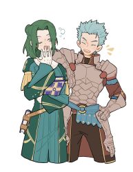 2boys arm_on_another&#039;s_shoulder armor belt black_pants black_shirt blue_belt blue_eyes blue_hair book breastplate caspar_von_bergliez closed_eyes commentary cropped_legs curtained_hair fire_emblem fire_emblem:_three_houses fire_emblem_warriors:_three_hopes gloves green_hair green_robe highres holding holding_book julianlynnnn laughing linhardt_von_hevring long_hair long_sleeves male_focus multiple_boys nintendo o-ring one_eye_closed open_mouth pants pauldrons robe shirt shoulder_armor simple_background spiked_hair tassel teeth upper_teeth_only white_background white_gloves