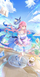 1girl absurdres ahoge animal arm_cutout back_bow bare_shoulders belt beret black_belt black_bow black_ribbon blue_bow blue_shoes blue_skirt blue_sky bow bow_choker bowtie bra_strap brown_eyes bubbly_voyage_(infinity_nikki) buttons camera cat choker cloak closed_mouth clothed_animal cloud colored_skin day dot_nose ear_covers eyelashes floating_clothes floating_hair footwear_bow frilled_shirt frilled_skirt frilled_sleeves frills full_body hair_bow hair_ribbon happy hat hat_bow hat_loss hat_ornament high_heels highres holding holding_camera holding_star hood hood_down hooded_cloak infinity_nikki jewelry kohanai_setsuna lake light_blush long_hair long_sleeves looking_at_viewer low_twintails miniskirt momo_(nikki) mountainous_horizon multicolored_skin necklace nikki_(nikki) nikki_(series) off-shoulder_shirt off_shoulder on_roof open_mouth outdoors perfect_start_(infinity_nikki) photo_(object) pink_bow pink_bowtie pink_choker pink_hair pink_skirt puffy_long_sleeves puffy_sleeves pumps ribbon see-through_clothes see-through_sleeves shirt shoes single_stripe skirt sky smile snowflakes socks standing star_(symbol) star_hat_ornament star_necklace striped_bow striped_bowtie striped_choker striped_clothes swept_bangs town transformation tress_ribbon twintails two-tone_skin very_long_hair water_drop whimstar_(infinity_nikki) whiskers white_cat white_hat white_shirt white_socks yarn yellow_cloak