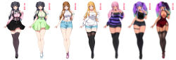 1girl absurdres alternate_hairstyle bimbofication black_footwear black_hair black_skirt black_thighhighs blue_shorts blush breasts brown_eyes brown_hair censored cleavage denim denim_shorts dress green_skirt gyaru highres idolmaster idolmaster_cinderella_girls jirai_kei kuroko_(user_jtty5588) long_hair looking_at_viewer mayuzumi_fuyuko medium_breasts off_shoulder paid_reward_available pink_hair pink_shirt pink_shoes purple_hair red_dress shirt shoes short_shorts shorts skirt smile striped_clothes striped_sweater suspenders sweater tan thighhighs translation_request two_side_up very_long_hair white_background white_footwear white_sweater
