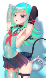 Rule 34 | 1girl, absurdres, alternate costume, armpit focus, armpits, arms behind head, asymmetrical gloves, black gloves, black sailor collar, black skirt, blue gloves, blue hair, blue leotard, blue thighhighs, blush, buren, covered erect nipples, cowboy shot, demon girl, demon horns, demon tail, earrings, flat chest, gloves, highleg, highleg leotard, highres, horns, jewelry, leotard, long hair, looking at viewer, mismatched gloves, nanashi inc., neckerchief, open mouth, presenting armpit, red eyes, red neckerchief, sailor collar, sailor leotard, see-through clothes, see-through skirt, shishio chris, single thighhigh, skirt, solo, tail, thigh strap, thighhighs, virtual youtuber