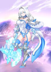 1girl animal_ears arm_at_side arm_behind_back armored_boots axe bare_shoulders battle_axe blue_bow blue_eyes blue_fire blue_nails blue_sash blue_thighhighs blush boots bow breasts buttons cape cat_ears cat_girl cat_tail closed_mouth cloud collar detached_collar dobrynya_nikitich_(fate) dobrynya_nikitich_(third_ascension)_(fate) elbow_gloves fake_nails fate/grand_order fate_(series) fingernails fire flaming_weapon fur-trimmed_boots fur-trimmed_cape fur_trim game_cg gloves grey_hairband groin hair_bow hair_intakes hairband high_heel_boots high_heels highleg highleg_leotard holding holding_weapon large_breasts leg_up leotard long_hair looking_to_the_side low-tied_long_hair mountainous_horizon multicolored_leotard official_art purple_background purple_sky robina sash sidelocks skindentation sky smile snow solo standing standing_on_one_leg tail taut_clothes thighhighs third-party_source two-sided_cape two-sided_fabric two-tone_leotard underbust variant_set very_long_hair weapon white_cape white_collar white_gloves white_hair white_tail wing_collar