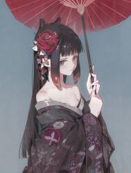1girl absurdres bare_shoulders black_hair black_kimono blue_eyes blunt_bangs blush closed_mouth collarbone dino_(dinoartforame) flower hair_flower hair_ornament highres holding holding_umbrella hololive hololive_english japanese_clothes kimono long_hair looking_at_viewer monster_girl ninomae_ina&#039;nis off_shoulder print_kimono red_flower red_umbrella sidelocks simple_background solo umbrella virtual_youtuber