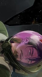 Rule 34 | 1boy, beard, black hair, challia bull, cockpit, commentary request, daneda, facial hair, green eyes, gundam, gundam gquuuuuux, helmet, male focus, mecha pilot suit, mustache, open mouth, short hair, sideways, solo, space, space helmet