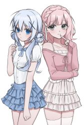 2girls blue_eyes blue_hair blue_ribbon blue_skirt braid breasts cardigan closed_mouth commission cowboy_shot crepe_commission crown_braid double_bun dress dress_shirt finger_to_mouth frilled_dress frilled_skirt frills gochuumon_wa_usagi_desu_ka? grey_eyes hair_bun hair_ornament hair_ribbon hand_up highres index_finger_raised kafuu_chino keomii layered_skirt long_hair long_sleeves miniskirt multiple_girls neck_ribbon oc_x_canon original pink_cardigan pink_hair puffy_short_sleeves puffy_sleeves ribbon satou_miruku_(sugarykoi) second-party_source shirt short_sleeves skirt sleeveless sleeveless_dress sleeves_past_wrists small_breasts smile standing thighhighs white_dress white_ribbon white_shirt white_thighhighs x_hair_ornament zettai_ryouiki