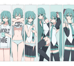 1girl adjusting_clothes adjusting_legwear adjusting_necktie aqua_eyes aqua_hair aqua_necktie aqua_panties arm_tattoo bad_tag bare_shoulders black_skirt black_thighhighs bread bread_slice brushing_teeth channel_(caststation) clothes_lift clothes_writing collared_shirt commentary cup dressing duplicate english_commentary feet_out_of_frame flat_chest food food_in_mouth hair_down half-closed_eyes hand_up hatsune_miku highres holding holding_cup lifting_own_clothes long_hair looking_at_viewer messy_hair midriff miniskirt mouth_hold mug multiple_views narrow_waist navel necktie number_tattoo oversized_clothes oversized_shirt pale_skin panties pixel-perfect_duplicate pleated_skirt print_mug print_shirt shirt shirt_lift short_sleeves shoulder_tattoo skinny skirt sleepy sleeveless sleeveless_shirt song_name spring_onion_print squeans standing stomach striped_clothes striped_panties tattoo thigh_gap thighhighs time_lapse timestamp toast toast_in_mouth toothbrush toothbrush_in_mouth twintails tying_hair underwear undressing v very_long_hair vocaloid white_panties white_shirt world_is_mine_(vocaloid) yawning zettai_ryouiki