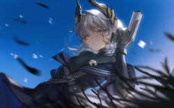 Rule 34 | 1girl, arknights, black shirt, blue eyes, blue sky, blurry, blurry foreground, bodysuit, breasts, chinese commentary, closed mouth, commentary request, cross scar, depth of field, dress, gloves, grass, grey gloves, grey hair, gun, hair intakes, handgun, head wings, highres, holding, holding gun, holding weapon, irene (arknights), irene (the adjudicatrix and her resolve) (arknights), making-of available, pink pupils, purple dress, scar, scar across eye, scar on face, shirt, sky, solo, turtleneck, turtleneck shirt, watanab1019, weapon, wings