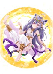 1girl absurdres ahoge animal_ear_fluff animal_ears anklet armlet armpits asukamama89 barefoot blush bracelet breasts brown_dust_(series) brown_dust_2 cape cat_ears cat_girl cat_tail cleavage closed_mouth crop_top dancer eyebrows_hidden_by_hair full_body gem green_gemstone grey_hair hair_between_eyes highres jewelry lips long_hair pants pink_eyes purple_cape rou_(brown_dust) small_breasts soles solo sparkle tail tail_ornament tiara toes very_long_hair waist_cape white_pants