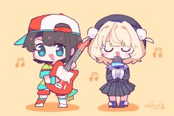 2girls :d asymmetrical_legwear backwards_hat black_hair black_hat black_shirt black_shoes black_skirt blonde_hair blue_eyes blunt_bangs blush chibi chibi_only closed_eyes commentary_request electric_guitar facing_viewer full_body green_shirt guitar hat holding holding_guitar holding_instrument holding_microphone hololive indie_virtual_youtuber instrument long_sleeves looking_at_viewer microphone mismatched_legwear multiple_girls music musical_note nekomo_(yumenkmc) oozora_subaru oozora_subaru_(1st_costume) open_mouth pleated_skirt purple_socks red_hat red_socks sailor_collar shigure_ui_(vtuber) shirt shoes short_hair short_sleeves signature simple_background singing skirt smile socks standing striped_clothes striped_shirt striped_skirt u_u v-shaped_eyebrows virtual_youtuber white_sailor_collar white_socks yellow_background