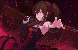 1girl alternate_costume antique_firearm bare_shoulders black_hair blush breasts cleavage clock_eyes date_a_live date_a_live:_date_a_bullet dress firearm firelock flintlock gothic_lolita gun hair_between_eyes hairband heterochromia highres lolita_fashion lolita_hairband long_hair looking_at_viewer medium_breasts open_mouth red_eyes roman_numeral smile solo symbol-shaped_pupils tokisaki_kurumi twintails v.ghost weapon yellow_eyes