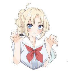 1girl ahoge anyoji_hime black_ribbon blonde_hair blue_eyes blue_hair blush borrowed_hairstyle breasts claw_pose collarbone cropped_torso curtained_hair dress gradient_hair grey_dress grin hair_ribbon hasu_no_sora_school_uniform highres link!_like!_love_live! looking_at_viewer love_live! medium_breasts multi-tied_hair multicolored_hair neckerchief osawa_rurino parted_bangs ponytail red_neckerchief ribbon sailor_collar sailor_dress school_uniform simple_background smile solo tama_hasudan v-shaped_eyebrows virtual_youtuber white_background white_sailor_collar