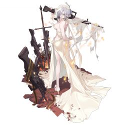 1girl aqua_eyes arm_behind_back blue_hair breasts dress flower full_body girls&#039;_frontline hair_flower hair_ornament high_heels highres holding holding_weapon mg5_(girls&#039;_frontline) official_art solo torn_clothes weapon wedding_dress white_dress