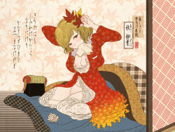 1girl aki_shizuha areola_slip blonde_hair blush breasts character_name cleavage cloritin dress dressing fine_art_parody gradient_clothes gradient_dress hair_ornament leaf maple_leaf nihonga orange_dress parody red_dress touhou ukiyo-e underwear