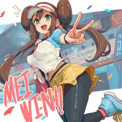 1girl absurdres bag black_pantyhose blue_eyes blush bracelet breasts brown_hair commentary_request donut_hair_bun double_bun hair_bun hat highres ishijimajirou jewelry large_breasts long_hair looking_at_viewer navel nintendo open_mouth pantyhose pantyhose_under_shorts pokemon pokemon_bw2 raglan_sleeves rosa_(pokemon) shirt shorts shoulder_bag smile solo stomach sweat sweatdrop twintails v visor_cap yellow_shorts