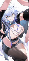 1girl absurdres black_gloves black_pantyhose black_shorts blue_eyes blue_hair breasts bright_pupils cleavage commentary_request denim denim_shorts finger_frame fingerless_gloves from_above glasses gloves hair_ornament highres large_breasts looking_at_viewer midriff one_eye_closed original pantyhose parted_lips shorts single_bare_leg single_leg_pantyhose smile solo torn_clothes torn_gloves white-framed_eyewear white_pupils yushe_quetzalli