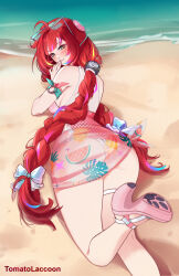 Rule 34 | 1girl, artist name, ass, bare shoulders, beach, blue-tinted eyewear, blush, braid, closed mouth, commentary, day, finger to mouth, foot out of frame, heart, heart-shaped eyewear, high heels, highres, leg up, long hair, looking at viewer, looking back, lying, on stomach, outdoors, pink shoes, red hair, shoes, smile, solo, tinted eyewear, tomatolaccoon, twin braids, twintails, ukinami yuzuha, ukinami yuzuha (tanuki in broad daylight), very long hair, water, yellow eyes, zenless zone zero