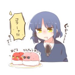 +_+ 1girl black_ribbon blue_eyes blue_hair blue_sweater blush bocchi_the_rock! chibi collared_shirt cube_hair_ornament drooling fish_(food) food gotoh_hitori gotoh_hitori_(tsuchinoko) hair_ornament hairclip kita_ikuyo mole mole_under_eye mouth_drool neck_ribbon nigirizushi one_side_up open_mouth plate rebecca_(keinelove) ribbon rice shirt simple_background sushi sweat sweater translation_request trembling turn_pale white_background white_shirt yamada_ryo yellow_eyes