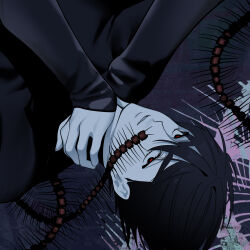 1boy absurdres album_cover_redraw alien_stage black_eyes black_hair black_shirt bug centipede commentary derivative_work hands_on_own_neck highres ivan_(alien_stage) long_sleeves looking_at_viewer male_focus onemu_0928 red_pupils shirt short_hair solo very_short_hair