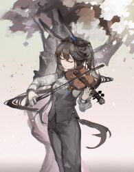 1girl absurdres alternate_costume amiya_(arknights) animal_ears arknights black_pants black_vest closed_eyes closed_mouth highres holding holding_instrument holding_violin instrument jiuxiaoshi music pants playing_instrument rabbit_ears rabbit_girl rabbit_tail shirt solo tail tree vest violin white_shirt