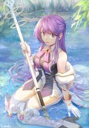 1girl aether_sage_(elsword) aisha_landar bare_shoulders black_dress boots coat collared_dress dress elsword gloves highres holding holding_staff korudo_nyan long_hair looking_at_viewer off_shoulder partially_submerged purple_eyes purple_hair sleeveless sleeveless_dress solo staff thigh_boots two-tone_dress very_long_hair water white_boots white_coat white_dress white_gloves
