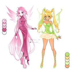 2girls absurdly_long_hair ahoge bad_id bad_twitter_id bare_shoulders bell blonde_hair boots breasts chocofish choker cleavage clenched_hand closed_mouth clothing_cutout collarbone collared_dress color_guide commentary dot_nose dress drill_hair english_commentary fairy fairy_wings flats frilled_skirt frills full_body green_arm_warmers green_choker green_ribbon green_shirt green_shoes green_wings hand_on_own_cheek hand_on_own_face high_collar highres horns knees large_breasts leg_ribbon lipstick long_dress long_hair long_sleeves looking_at_viewer magical_girl makeup miniskirt multiple_girls neck_bell original pale_skin pink_boots pink_dress pink_eyes pink_hair pink_horns pink_lips pink_sleeves pink_wings platform_boots pointy_ears puffy_long_sleeves puffy_sleeves reference_sheet ribbon shirt shoes shoulder_cutout side_slit simple_background single_bare_leg skirt smile standing straight_hair strapless strapless_shirt swept_bangs tan tight_clothes twin_drills twintails unicorn_horn very_long_hair white_background white_skirt wings winx_club