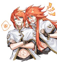 Rule 34 | 2boys, abs, black shirt, brown gloves, commentary request, cropped shirt, cropped torso, crossed arms, dual persona, fingerless gloves, gloves, green eyes, hair between eyes, highres, jacket, long hair, looking at another, luke fon fabre, male focus, midriff, multiple boys, navel, open mouth, parted lips, popped collar, red hair, shirt, short hair, short sleeves, sidelocks, simple background, spoken squiggle, squiggle, tales of (series), tales of the abyss, tiyi (tiyi a09), upper body, white background, white jacket
