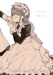 Rule 34 | 2girls, absurdres, apron, blush, cho nekura, commentary, girls band cry, heart, highres, holding hands, iseri nina, juliet sleeves, kawaragi momoka, kiss, kissing hand, kneeling, long sleeves, maid, maid apron, maid headdress, monochrome, multiple girls, puffy sleeves, sepia, short hair, symbol-only commentary, translation request, yuri