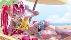 1girl :d absurdres armpits bandaid bandaid_on_cheek bandaid_on_face bandaid_on_thigh bangle bare_arms bare_legs beach beach_umbrella blue_sky bracelet brazilian_flag brazilian_flag_print brazilian_miku brazilian_miku_(cosplay) can cloud commentary cosplay cutoffs day earrings english_commentary eyewear_lift fang feet_out_of_frame flag_print flower hair_flower hair_ornament hatsune_miku heterochromia highres holding holding_can hololive hololive_indonesia hoop_earrings jewelry kghazir kureiji_ollie long_hair lying micro_shorts multicolored_hair navel navel_piercing on_side open_fly open_mouth outdoors patchwork_skin piercing pink_hair red_hair shirt shorts sky smile solo stitches stomach streaked_hair sunglasses teeth tied_shirt twintails umbrella upper_teeth_only virtual_youtuber vocaloid white-framed_eyewear white_hair yellow_shirt