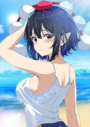 1girl alternate_costume back bare_shoulders beach black_hair blue_sky blurry blurry_background blush breasts closed_mouth commentary_request day from_behind hair_between_eyes hand_up hat highres hot kitaura_kasumi large_breasts looking_at_viewer looking_back median_furrow ocean outdoors pointy_ears red_eyes red_hat shameimaru_aya short_hair sideboob sidelocks sky smile solo sweat tank_top tokin_hat touhou upper_body white_tank_top