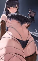 1girl animal_hands asymmetrical_legwear atago_(azur_lane) atago_(full_moon&#039;s_feral_wolf)_(azur_lane) azur_lane bandeau black_bandeau black_hair black_panties black_thighhighs breasts commentary_request cowboy_shot fishnet_thighhighs fishnets from_below fur_bandeau gloves highres linea_alba long_hair looking_at_viewer looking_down mismatched_legwear mole mole_under_eye navel official_alternate_costume panties parted_lips paw_gloves rawoon_d single_fishnet_legwear skindentation smile solo teeth thighhighs underboob underwear yellow_eyes