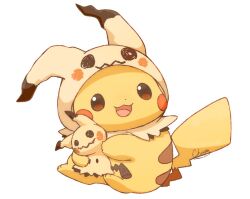 artist_name brown_eyes full_body gen_1_pokemon gen_7_pokemon hat holding mimikyu mimix nintendo no_humans open_mouth pikachu pokemon pokemon_(creature) simple_background smile solo tail white_background