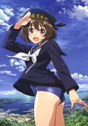1girl artist_request blue_one-piece_swimsuit blue_sky brave_witches brown_eyes brown_hair cloud cloudy_sky hair_ornament hairclip hat highres karibuchi_hikari leaf looking_at_viewer nature ocean official_art one-piece_swimsuit open_mouth outdoors profile sailor_collar school_swimsuit school_uniform short_hair sky solo standing swimsuit swimsuit_under_clothes tree white_sailor_collar world_witches_series