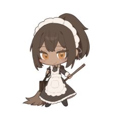 1girl apron ascot black_ascot black_dress black_ribbon broom brown_bag chibi closed_mouth dark-skinned_female dark_skin dress full_body hair_ribbon holding holding_broom juliet_sleeves limbus_company long_sleeves looking_at_viewer maid_headdress nelly_(project_moon) ponytail project_moon puffy_sleeves ranya_(artiraia) ribbon simple_background smile solo white_apron