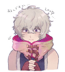 Rule 34 | 1boy, bags under eyes, bare shoulders, chiimako, detached sleeves, fingerless gloves, gloves, gnosia, grey hair, hair between eyes, hood, hoodie, looking at viewer, male focus, purple eyes, remnan (gnosia), short hair, simple background, solo, translation request, upper body, white background