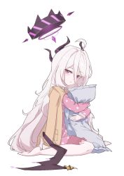 1girl black_halo black_horns black_wings blue_archive commentary_request halo hina_(blue_archive) hina_(pajamas)_(blue_archive) horns hugging_object jacket long_hair official_alternate_costume on_ground pajamas pillow polka_dot polka_dot_pajamas purple_eyes shuiqimu simple_background sitting solo very_long_hair wariza white_background white_hair wings yellow_jacket