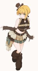 1girl absurdres belt blonde_hair boots detached_sleeves frills fur_boots green_eyes hat highres hodoyoi idolmaster idolmaster_cinderella_girls miyamoto_frederica multiple_belts nail_polish navel plaid_clothes plaid_skirt short_hair skirt top_hat white_background