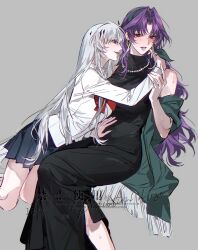 2girls absurdres black_dress collared_shirt coquelic_(path_to_nowhere) dress garofano_(path_to_nowhere) grey_background grey_hair highres jewelry kneeling leaning_on_person long_dress long_hair long_sleeves looking_at_another mole mole_under_mouth multiple_girls necklace path_to_nowhere pearl_necklace pleated_skirt purple_hair red_ribbon ribbon school_uniform seductive_smile shirt sitting skirt smile sweat turtleneck turtleneck_dress very_long_hair white_shirt xuanao11051 yuri