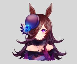 1girl blue_flower blush brown_hair closed_mouth dress flower fur_choker glowing_flower grey_background hair_over_one_eye hat hat_flower looking_at_viewer mirimo multiple_girls nail_polish off-shoulder_dress off_shoulder purple_dress purple_eyes purple_nails rice_shower_(umamusume) signature simple_background solo tilted_headwear umamusume