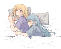 2girls bang_dream! bang_dream!_it&#039;s_mygo!!!!! blonde_hair blue_hair blue_shirt blush closed_eyes closed_mouth commentary cuddling from_above hashtag-only_commentary highres kaeru_(kaeee41917105) long_hair medium_hair misumi_uika multiple_girls pillow purple_eyes purple_shirt shirt simple_background togawa_sakiko under_covers white_background yuri