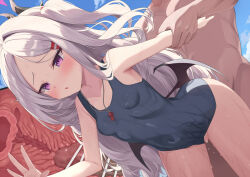 1boy 1girl blue_archive blush breasts censored cross-section fujieda_uzuki hetero hina_(blue_archive) hina_(swimsuit)_(blue_archive) horns long_hair one-piece_swimsuit penis purple_eyes school_swimsuit sex sex_from_behind small_breasts swimsuit vaginal whistle whistle_around_neck white_hair wings