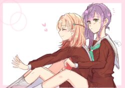 2girls aqua_neckerchief border brown_dress cerise_bouquet closed_mouth commentary_request dress frown green_eyes hair_ornament hasu_no_sora_school_uniform heart highres hinoshita_kaho link!_like!_love_live! lone_nape_hair long_hair long_sleeves love_live! medium_hair multiple_girls neckerchief orange_hair otomune_kozue outside_border pink_border profile purple_hair rabbit_hair_ornament ranmaro red_neckerchief sailor_collar sailor_dress school_uniform side_ponytail sidelocks signature simple_background sitting sitting_between_lap smile socks two_side_up virtual_youtuber white_background white_sailor_collar white_socks winter_uniform yuri